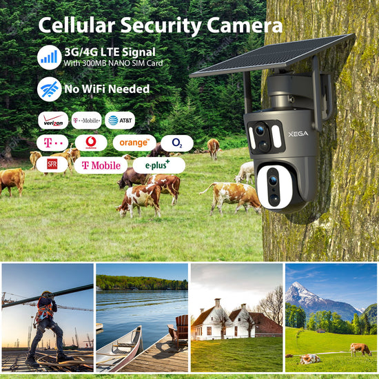 Xega Dual Lens Linkage 4G LTE Security Camera No WiFi Solar Powered Cellular Security Camera Wireless Outdoor 1080P 360° View Dual Screen Color Night Vision Two-Way Audio IP66 Waterproof
