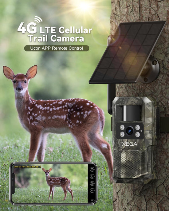 Xega 4G LTE Cellular Trail Camera, Solar Wildlife Camera with Night Vision Motion Activated, 0.2s Wake-up, 7800mAh Rechargeable Battery, Color Night Vision No Glow 950nm IR LEDs, IP66 Weaterproof