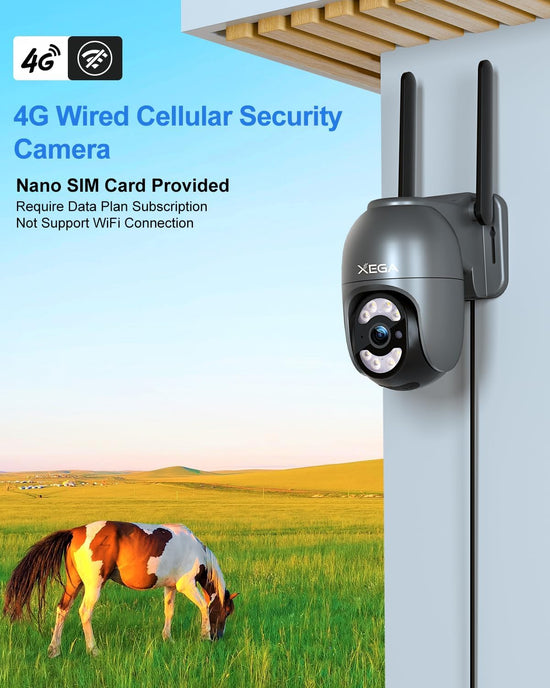 Xega 4G Security Camera Outdoor with SIM Card【Plug in】 Wired No WiFi Camera, 24/7 Recording PTZ Auto Tracking Human Detection Spotlight Siren Alert,Only Support The Built-in SIM, Unlimited Data Plan