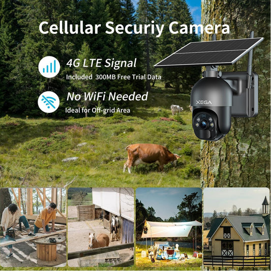 Xega 4G LTE Cellular Security Camera Built-in SIM Card No Wi-Fi Camera | 2K HD Wireless Camera Outdoor Solar Color Night Vision PTZ 360° View, Smart PIR Motion Detection, 2-Way Talk, No WiFi, IP66