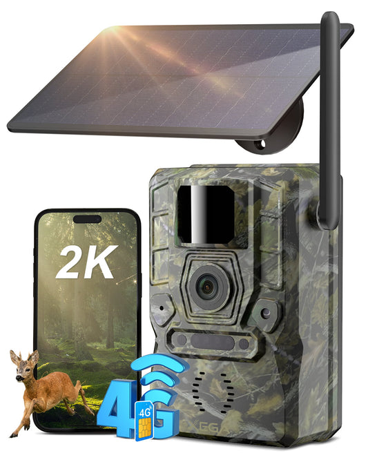 Xega 4G Solar Cellular Trail Camera with Live Feed, 2K GPS 7800mAh Wildlife Camera, No Glow 940nm Night Vision Motion Detection Instant Alarm 2-Way Audio Cloud/TF