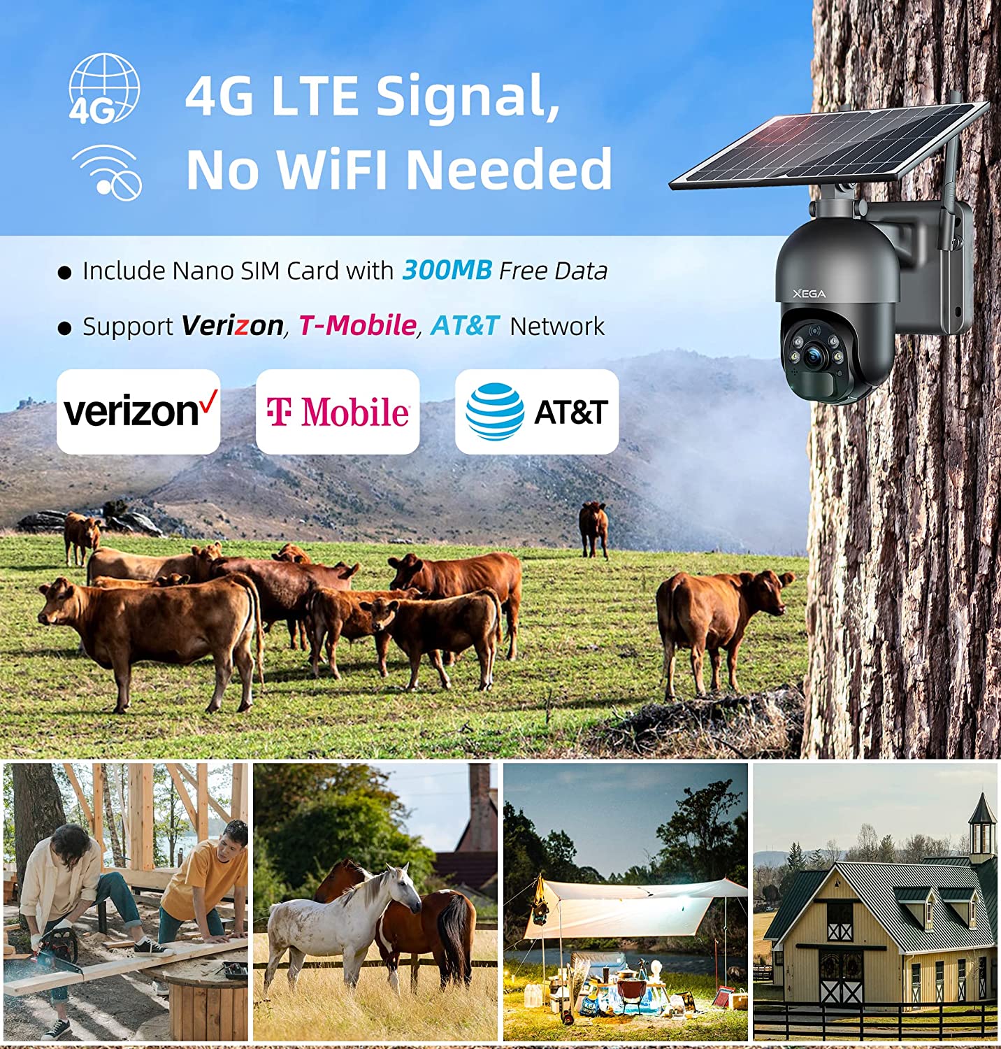 Xega 3G/4G LTE Cellular Security Cameras No WiFi  Outdoor Solar Power Cameras SIM Card Included, 2K HD Color Night Vision,PIR Motion Detection, 2 Way Talk, IP66
