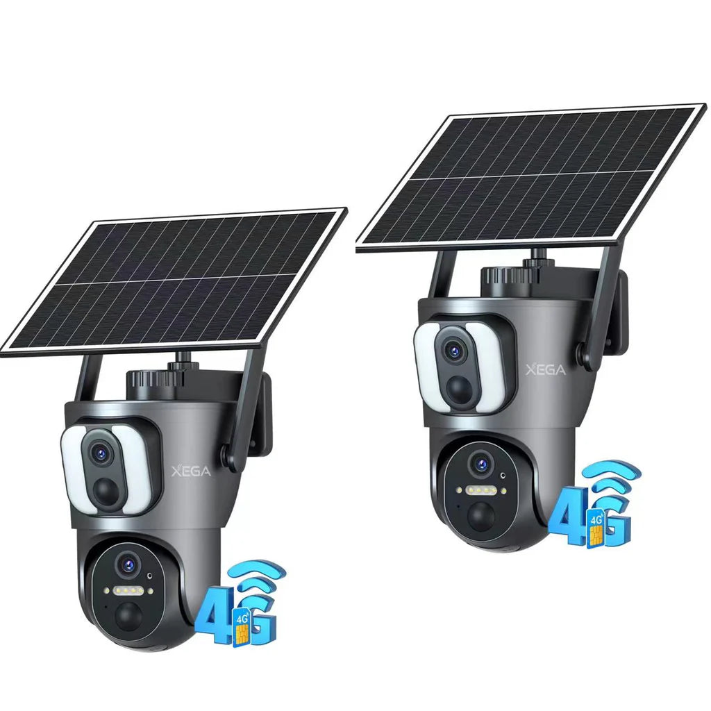 Xega 4G Dual Lens Cellular Security Camera with SIM Card, 14400mAh 2K HD Wireless Solar 4G LTE Camera, PIR Motion Dtetection Spotlight Siren TF Cloud Storage
