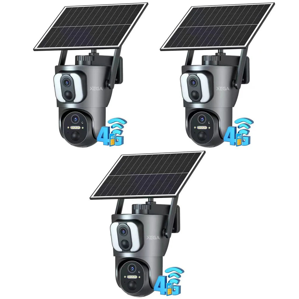 Xega 4G Dual Lens Cellular Security Camera with SIM Card, 14400mAh 2K HD Wireless Solar 4G LTE Camera, PIR Motion Dtetection Spotlight Siren TF Cloud Storage