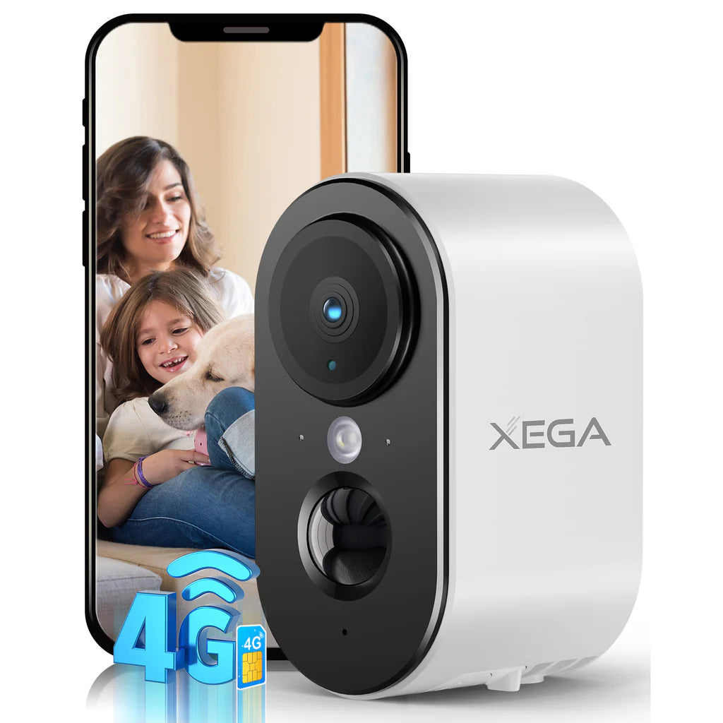 Xega 4G Cellular Security Camera Indoor Built-in SIM Card, 2K No Wi-Fi Security Camera Portable, LTE Cameras with 6000mAh Battery, PIR Motion Detection, Color Night Vision, 2-Way Audio, TF/Cloud
