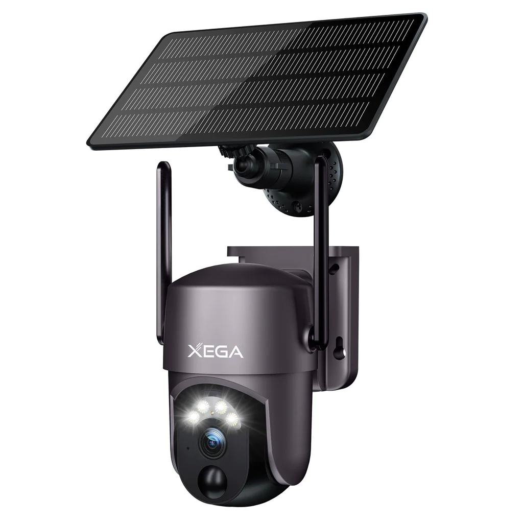 Xega Security Camera Wireless Outdoor 2K 360° PTZ Camera Solar Security Cameras 2.4G WiFi Video Surveillance w/ Spotlight & Siren, Color Night Vision