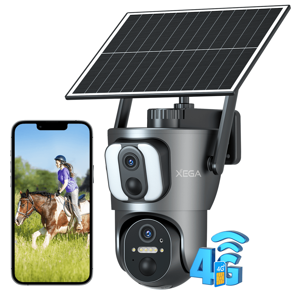 Xega 4G Dual Lens Cellular Security Camera with SIM Card, 14400mAh 2K HD Wireless Solar 4G LTE Camera, PTZ Motion Dtetection Spotlight Siren TF Cloud Storage.