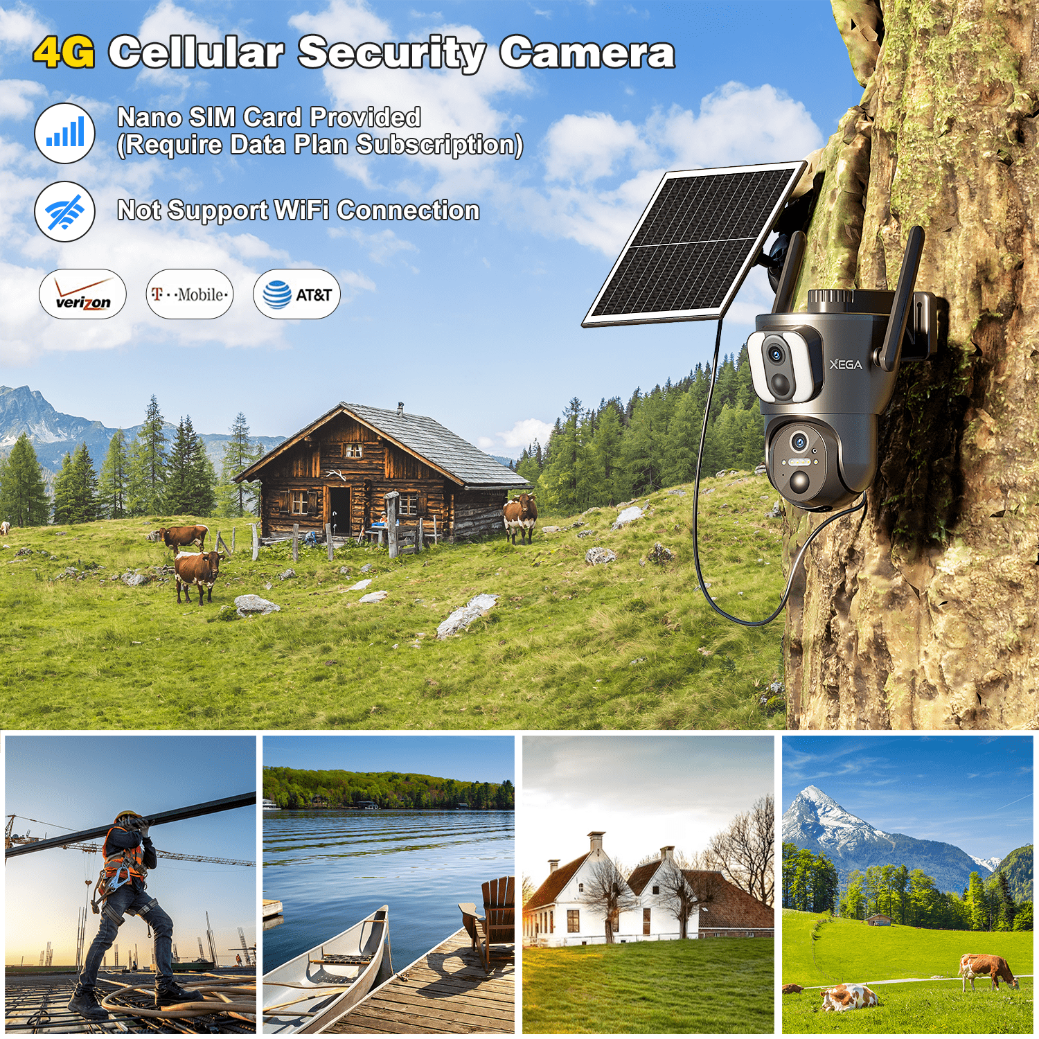 Xega 4G Dual Lens Cellular Security Camera with SIM Card, 14400mAh 2K HD Wireless Solar 4G LTE Camera, PIR Motion Dtetection Spotlight Siren TF Cloud Storage