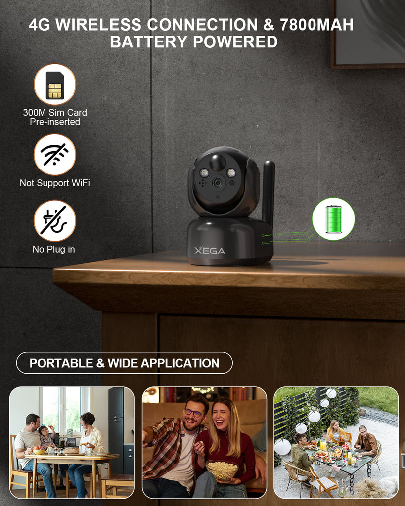 Xega 4G Indoor Surveillance Camera With Sim Card, 360 Degree Indoor Dog Camera With App, 2k Surveillance Camera With Recording, Real-Time Alarm, Sd&Cloud Storage, Two-Way Audio, Night Vision