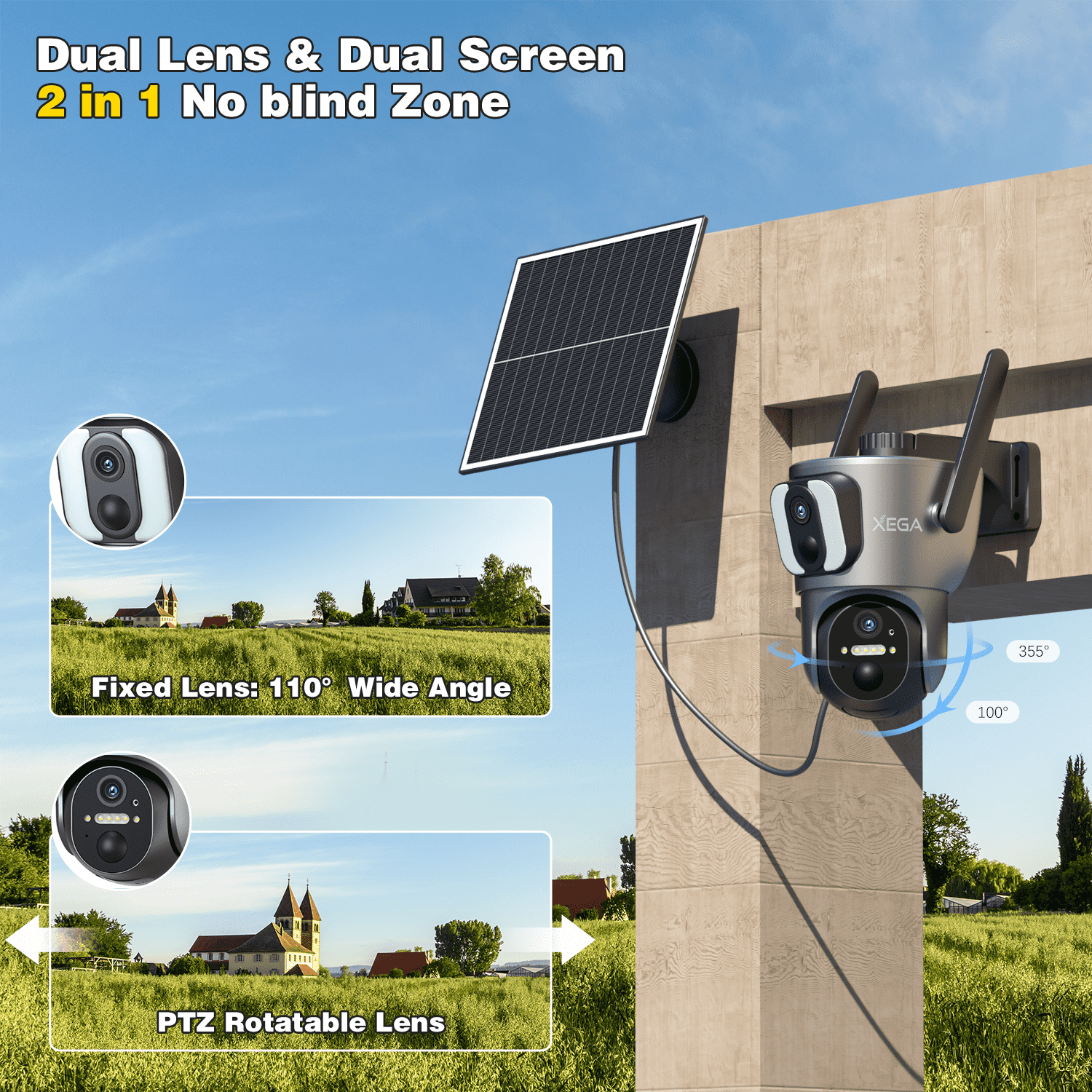 Xega 4G Dual Lens Cellular Security Camera with SIM Card, 14400mAh 2K HD Wireless Solar 4G LTE Camera, PIR Motion Dtetection Spotlight Siren TF Cloud Storage