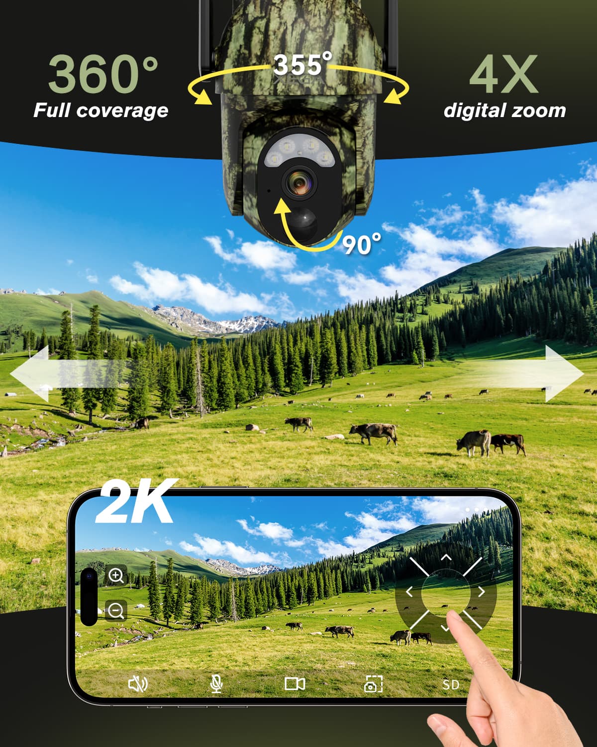 Xega 4G LTE Cellular Trail Camera Built-in SIM Card, 2K No Wi-Fi Hunting Camera Solar for Wildlife, HD Live Streaming, PIR Detection, Instant Alarm, Color Night Vision, 2-Way Audio, IP66