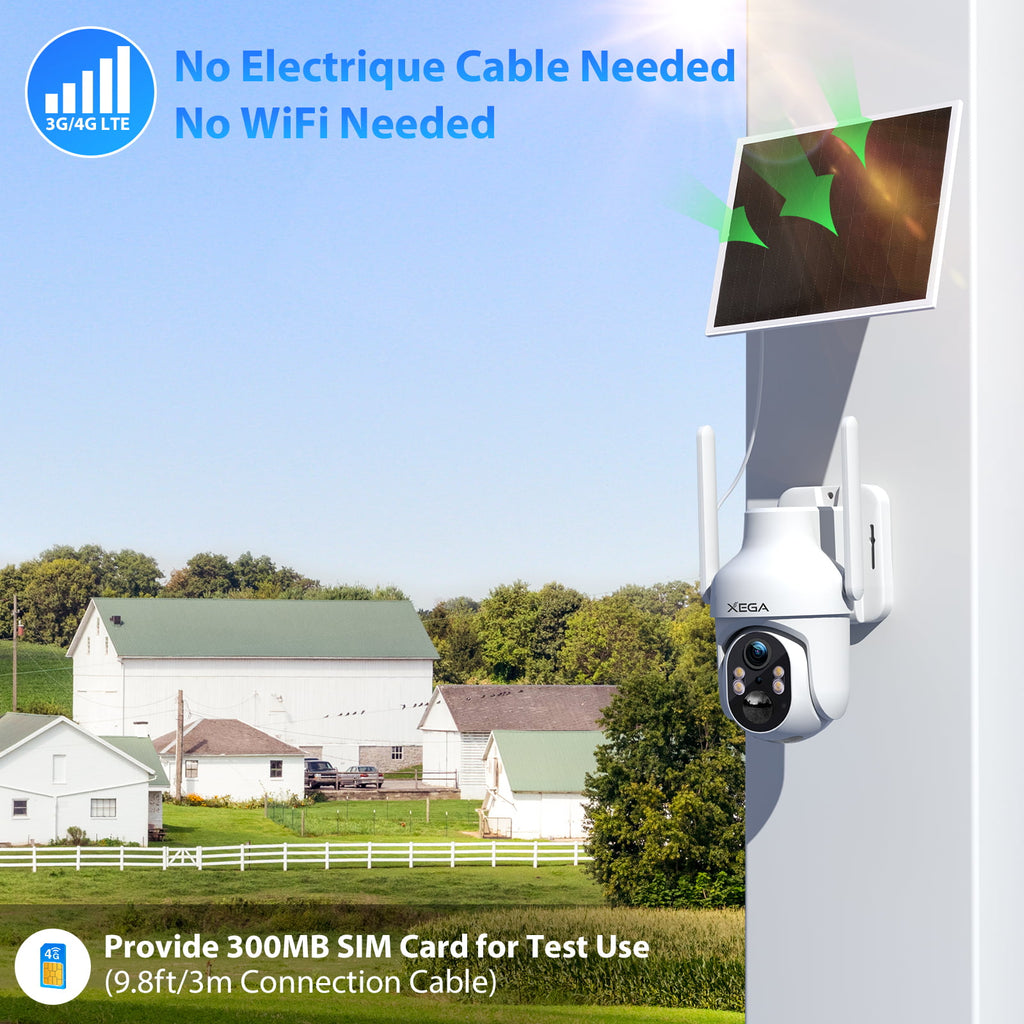 Xega 3G/4G LTE Cellular Security Camera with SIM Card, Solar Powered W