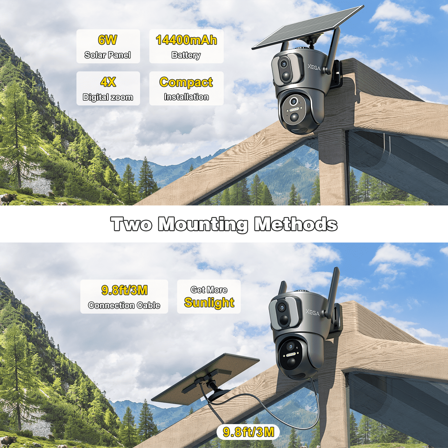 Xega 4G Dual Lens Cellular Security Camera with SIM Card, 14400mAh 2K HD Wireless Solar 4G LTE Camera, PIR Motion Dtetection Spotlight Siren TF Cloud Storage