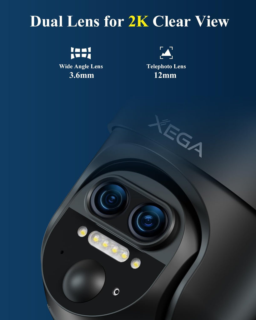 Xega 4G 【12X Hybrid Zoom】 Cellular Security Camera Outdoor with 【Dual Lens】, 2K Solar Wireless PTZ Outdoor Surveillance Camera,Smart PIR Human/Motion Detection, Two Way Talk, Built-in SIM Card, IP66