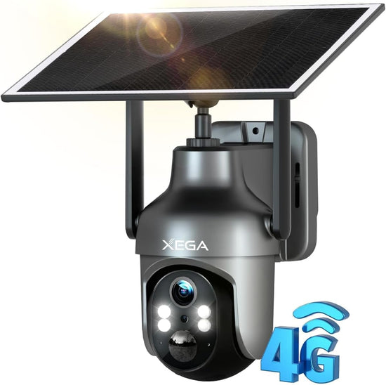 Xega 4G LTE Cellular Security Camera with SIM Card, Solar Powered Wireless Outdoor Camera Works Without WiFi, PTZ Motion Detection Spotlight & Siren Alert SD & Cloud Storage