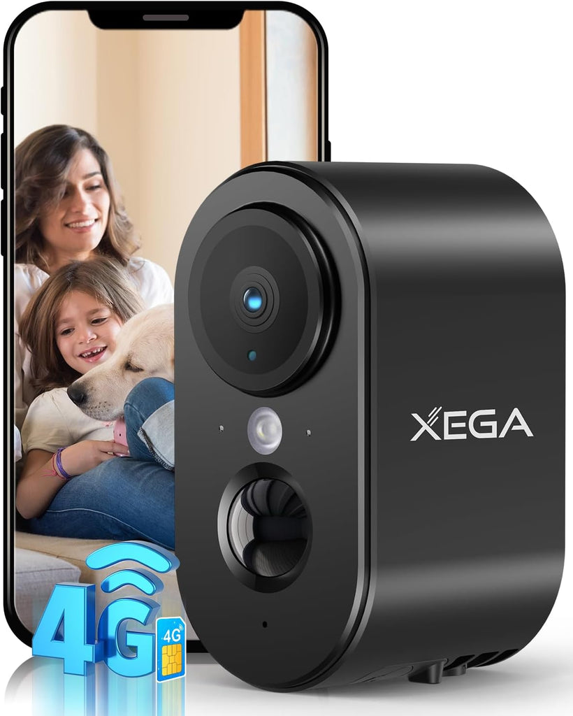 Xega 3G/4G Cellular Security Camera Indoor Built-in SIM Card, 2K No Wi-Fi Security Camera Portable, LTE Cameras with 6000mAh Battery, PIR Motion Detection, Color Night Vision, 2-Way Audio, TF/Cloud
