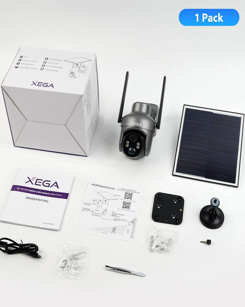 Xega 4G LTE Cellular Security Camera with SIM Card, Solar Powered Wireless Outdoor Camera Works Without WiFi, PTZ Motion Detection Spotlight & Siren Alert SD & Cloud Storage