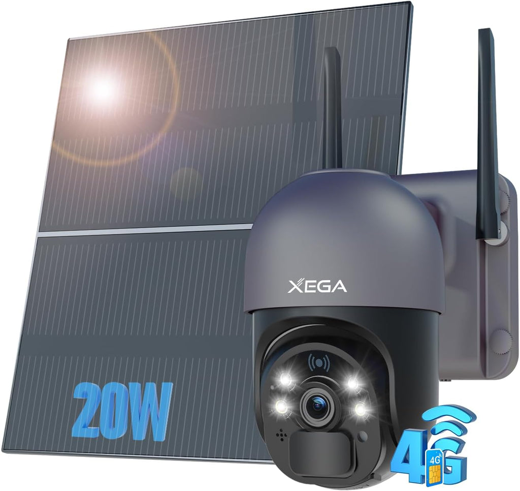 [24/7 Recording] Xega 4G LTE Solar Cellular Security Camera, No WiFi Needed, 24/7 Recording | 20W Panel 20000mAh,2K HD,Color Night Vision,PIR Detection,for Farms Off-grid Sites,4G SIM Card Subscription Required