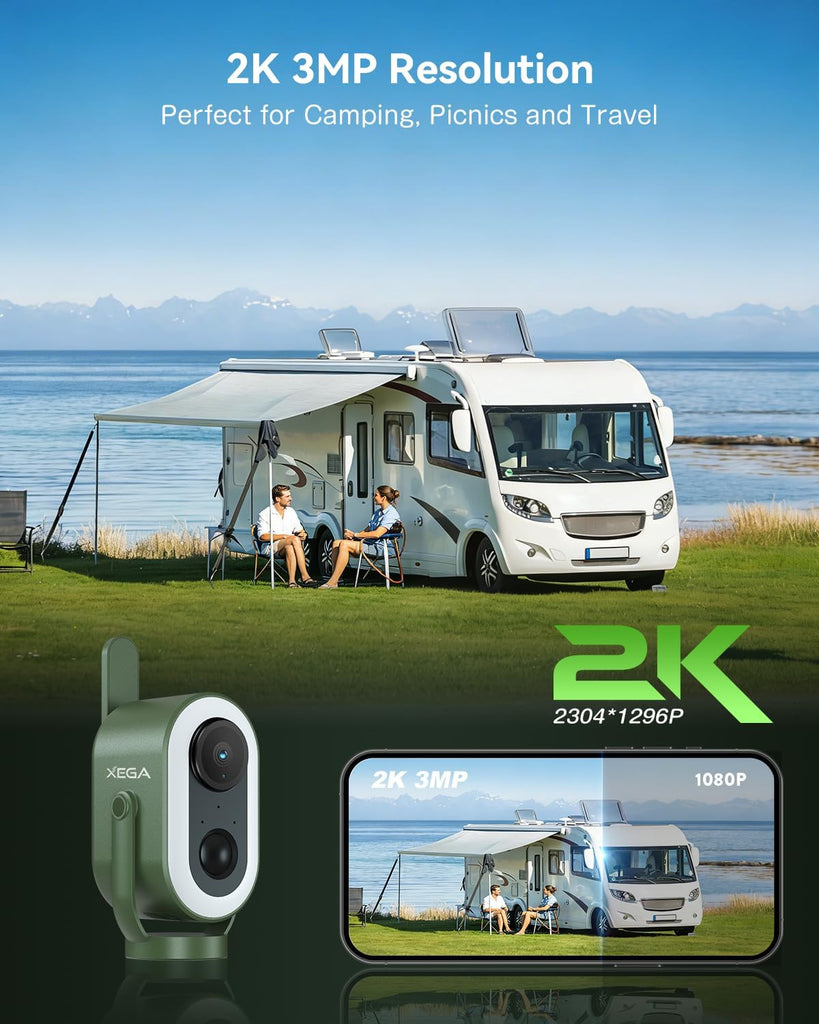Xega 4G LTE Cellular Camping Camera Magnetic Built in SIM Card 2K HD Wireless Portable Camp Security Camera Outdoor 6000mAh Battery PIR Human Detection for RV/Camping/Travel/Picnic/Temporary Parking