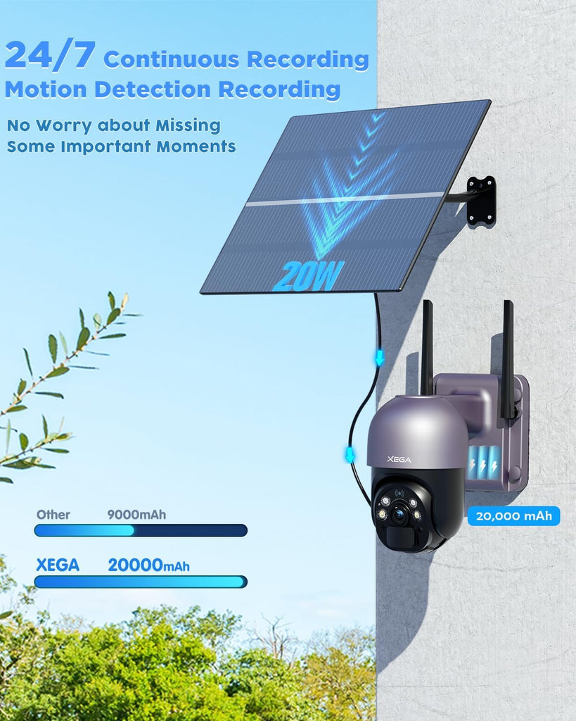 [24/7 Recording] Xega 4G LTE Solar Cellular Security Camera, No WiFi Needed, 24/7 Recording | 20W Panel 20000mAh,2K HD,Color Night Vision,PIR Detection,for Farms Off-grid Sites,4G SIM Card Subscription Required