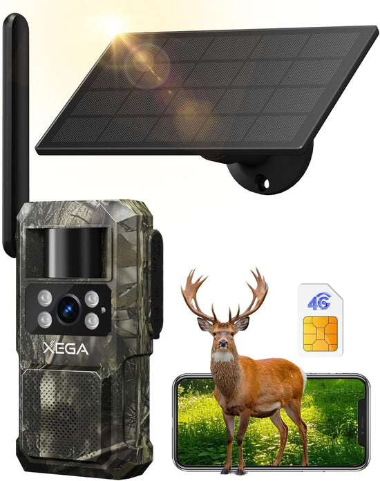 Xega 4G LTE Cellular Trail Camera, Solar Wildlife Camera with Night Vision Motion Activated, 0.2s Wake-up, 7800mAh Rechargeable Battery, Color Night Vision No Glow 950nm IR LEDs, IP66 Weaterproof