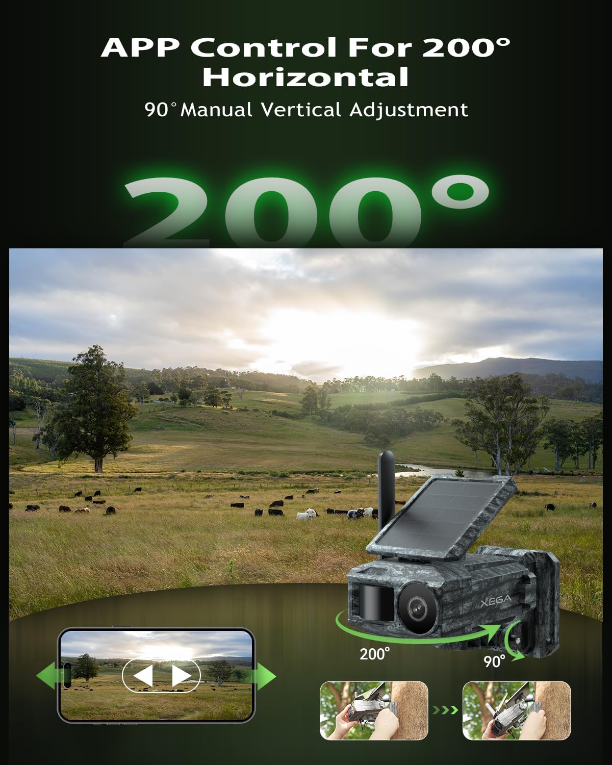 Xega 4G Cellular Trail Camera with SIM Card & Dual Solar Panel No-Glow Night Vision Hunting Camera Wireless Outdoor LTE Security Camera Motion Detection Instant Alerts Only Support Built-in SIM Card