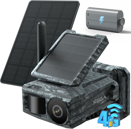 Xega 4G Cellular Trail Camera with SIM Card & Dual Solar Panel No-Glow Night Vision Hunting Camera Wireless Outdoor LTE Security Camera Motion Detection Instant Alerts Only Support Built-in SIM Card