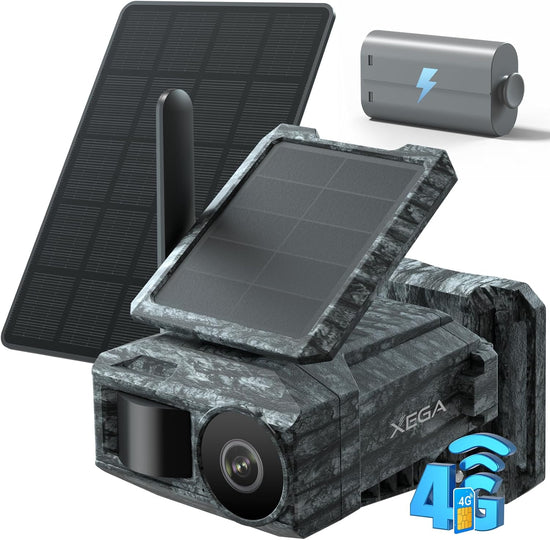 Xega 4G Cellular Trail Camera with SIM Card & Dual Solar Panel No-Glow Night Vision Hunting Camera Wireless Outdoor LTE Security Camera Motion Detection Instant Alerts Only Support Built-in SIM Card