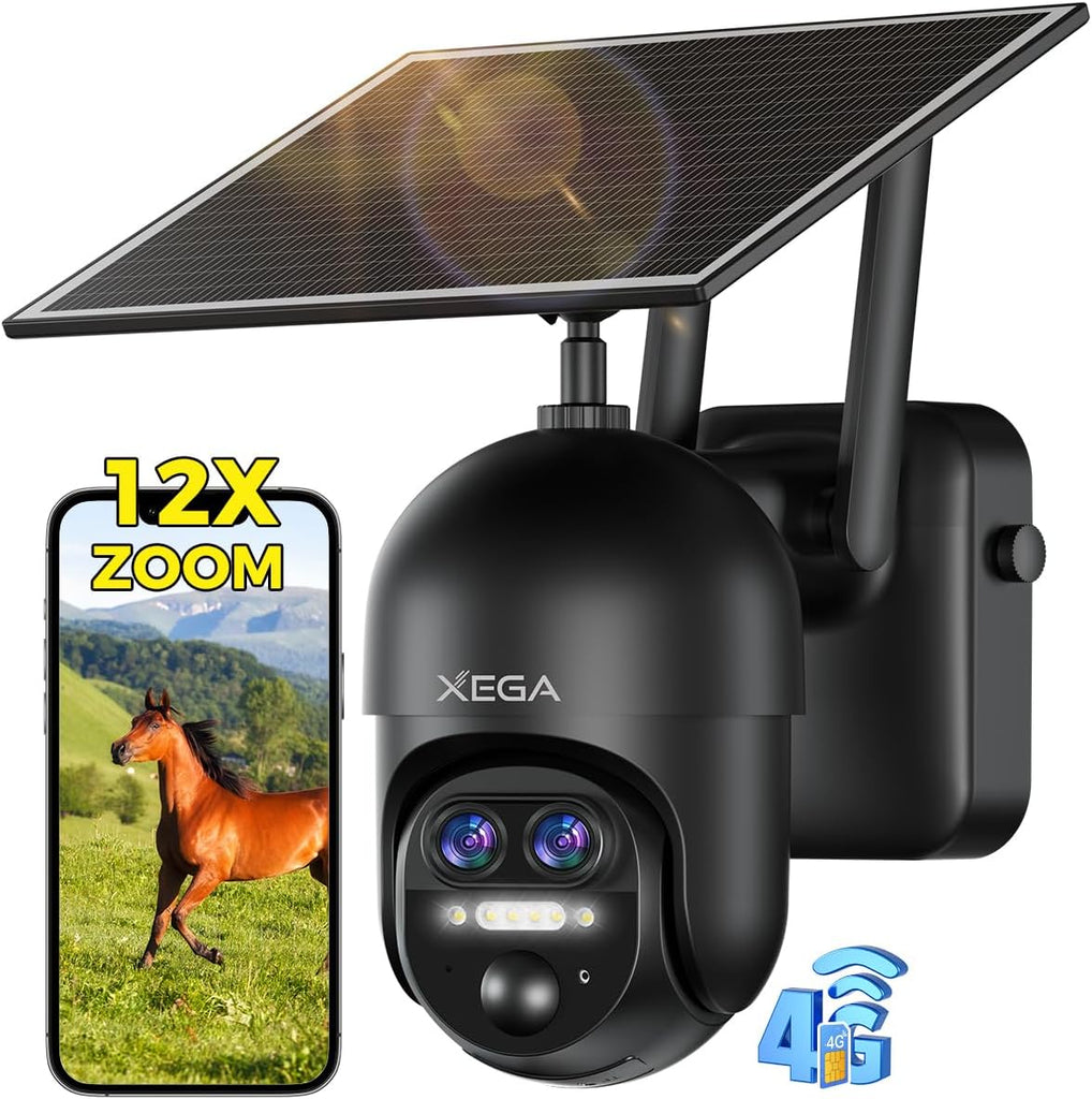 Xega 4G 【12X Hybrid Zoom】 Cellular Security Camera Outdoor with 【Dual Lens】, 2K Solar Wireless PTZ Outdoor Surveillance Camera,Smart PIR Human/Motion Detection, Two Way Talk, Built-in SIM Card, IP66