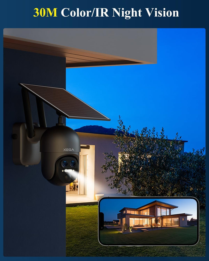 Xega 4G 【12X Hybrid Zoom】 Cellular Security Camera Outdoor with 【Dual Lens】, 2K Solar Wireless PTZ Outdoor Surveillance Camera,Smart PIR Human/Motion Detection, Two Way Talk, Built-in SIM Card, IP66