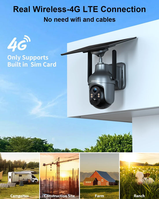 Xega 4G LTE Cellular Security Camera with SIM Card, Solar Powered Wireless Outdoor Camera Works Without WiFi, PTZ Motion Detection Spotlight & Siren Alert SD & Cloud Storage
