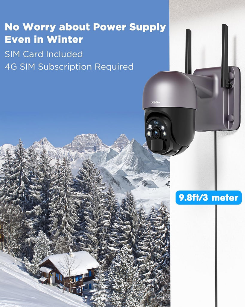 [24/7 Recording] Xega 4G LTE Solar Cellular Security Camera, No WiFi Needed, 24/7 Recording | 20W Panel 20000mAh,2K HD,Color Night Vision,PIR Detection,for Farms Off-grid Sites,4G SIM Card Subscription Required