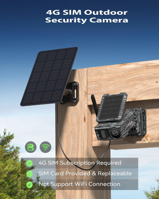 Xega 4G Cellular Trail Camera with SIM Card & Dual Solar Panel No-Glow Night Vision Hunting Camera Wireless Outdoor LTE Security Camera Motion Detection Instant Alerts Only Support Built-in SIM Card