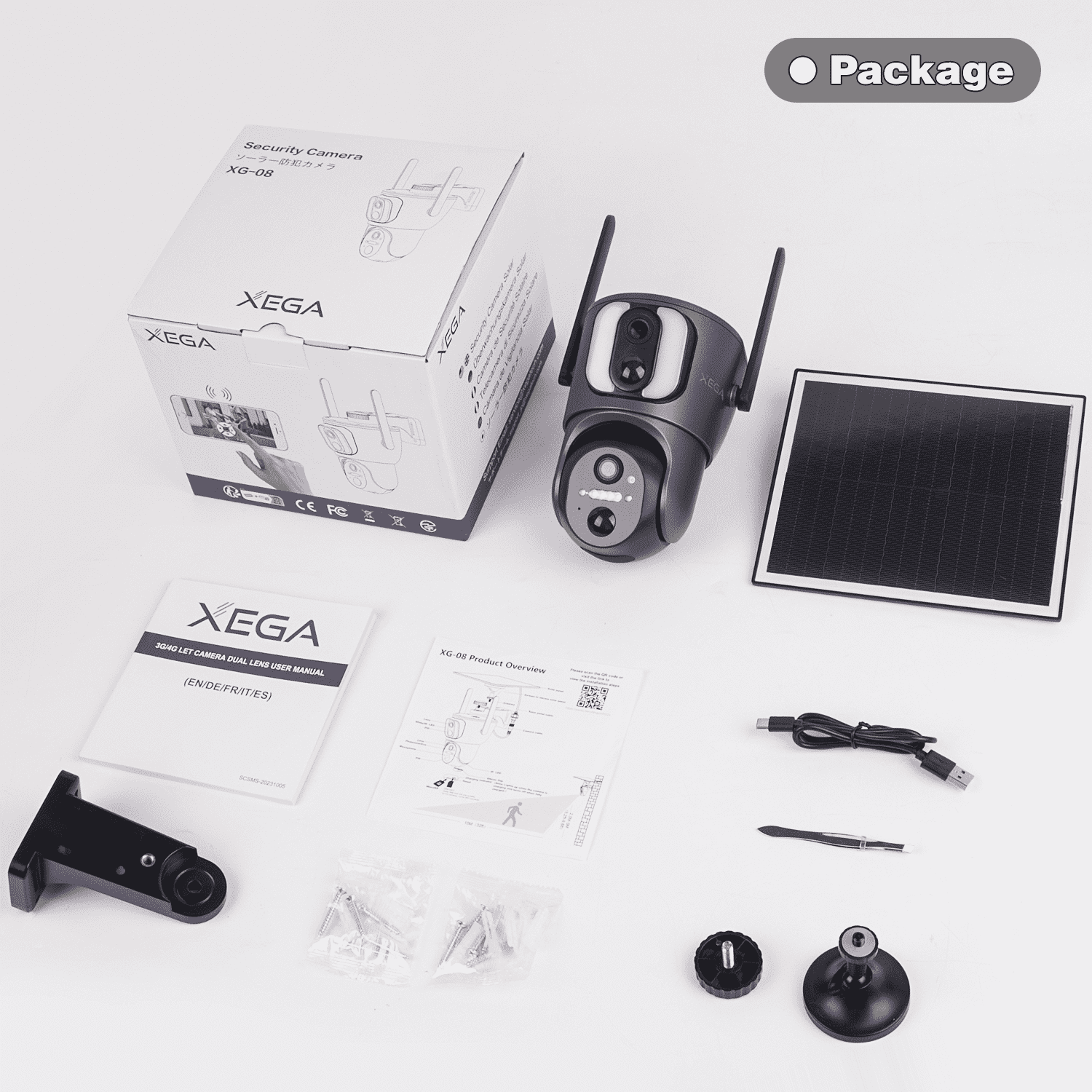 Xega 4G Dual Lens Cellular Security Camera with SIM Card, 14400mAh 2K HD Wireless Solar 4G LTE Camera, PIR Motion Dtetection Spotlight Siren TF Cloud Storage