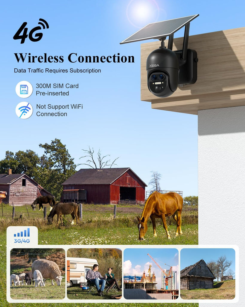 Xega 4G 【12X Hybrid Zoom】 Cellular Security Camera Outdoor with 【Dual Lens】, 2K Solar Wireless PTZ Outdoor Surveillance Camera,Smart PIR Human/Motion Detection, Two Way Talk, Built-in SIM Card, IP66