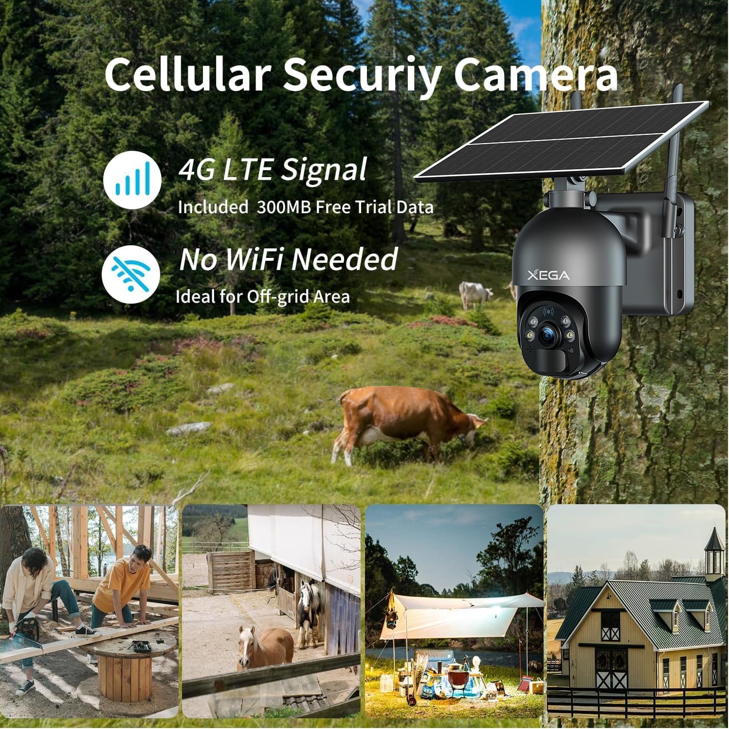 Xega 4G LTE Cellular Security Camera Built-in SIM Card No Wi-Fi Camera | 2K HD Wireless Camera Outdoor Solar Color Night Vision PTZ 360° View, Smart PIR Motion Detection, 2-Way Talk, No WiFi, IP66