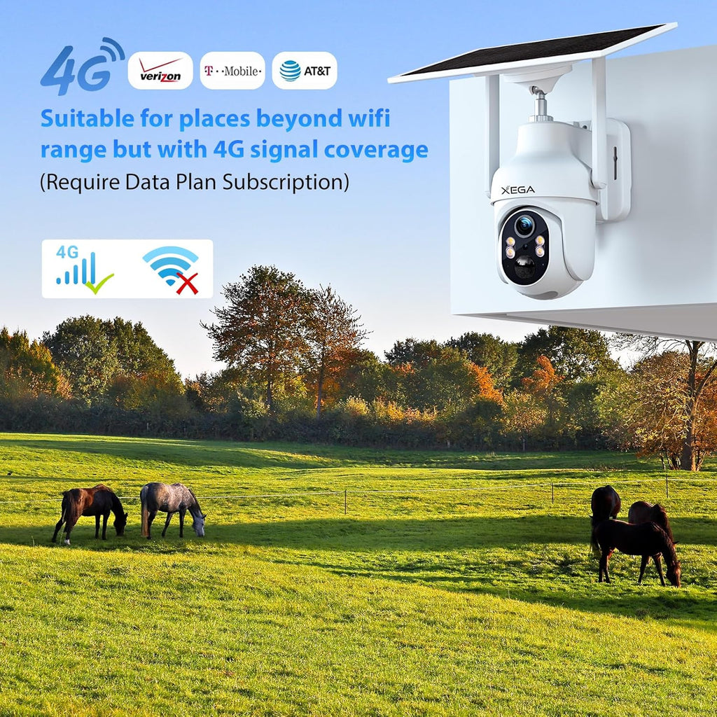 Xega 4G LTE Cellular Security Camera with SIM Card, Solar Powered Wireless Outdoor Camera Works Without WiFi, PTZ Motion Detection Spotlight & Siren Alert SD & Cloud Storage