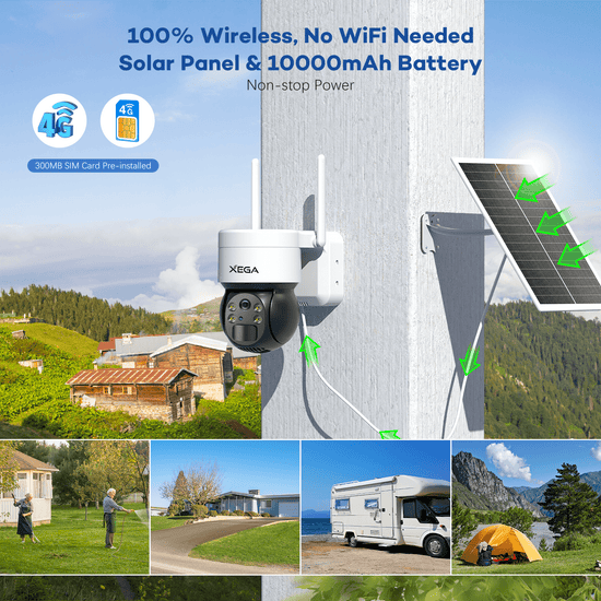 Xega 3G/4G LTE Cellular Security Camera No WiFi Outdoor Solar Camera Wireless SIM Card Included, 2K HD Color Night Vision 355°/120°,PIR Motion Detection,IP66.