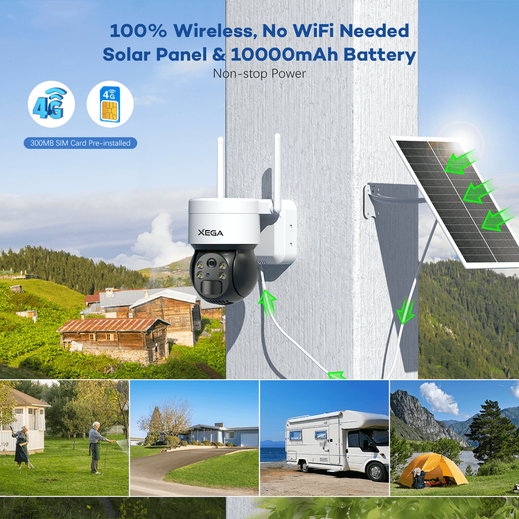  Xega Cámara de seguridad celular 3G/4G LTE Cámara solar para  exteriores inalámbrica, visión nocturna a color HD 2K 355°/120°, detección  de movimiento PIR, conversación de 2 vías, sin WiFi, tarjeta SIM 