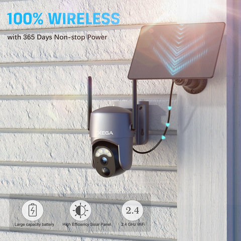 100% Wireless Xega Wi-Fi Outdoor Solar Security Camera  with Color Night Vision PIR Human Detection - Xegatech